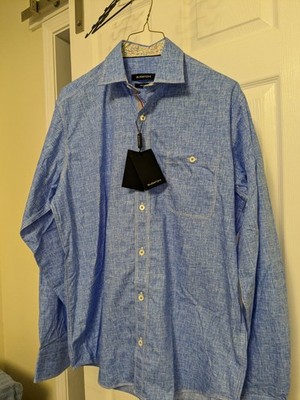 Bugatchi Men's Designer Long Sleeve Button Down Shirt - Cotton - Small Blue