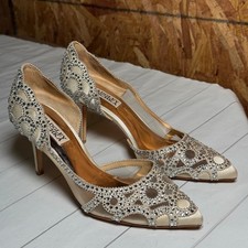 Badgley Mischka Satin/Leather Ivory Heels Rhinestone Jeweled Bridal Luxury 6.5