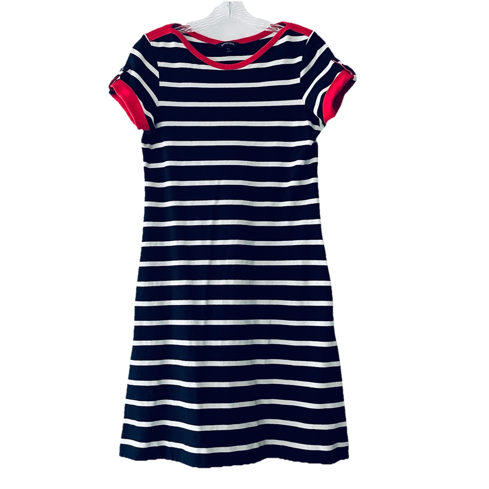 Lands End Womens XS 2-4 Nautical Striped T-Shirt Dress Navy Blue Red Pockets
