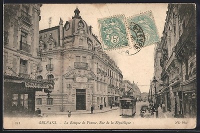 AK Orléans, la banque de France, rue de la République, Straßenbahn und Restaura 