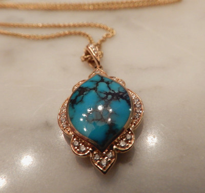 Kabana Alhambra Kingman Turquoise and Diamond 14 Karat Gold Necklace NWT