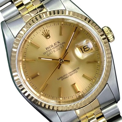 Rolex Datejust 16233 18K Gold Steel Champagne Index Dial Fluted 36mm Watch