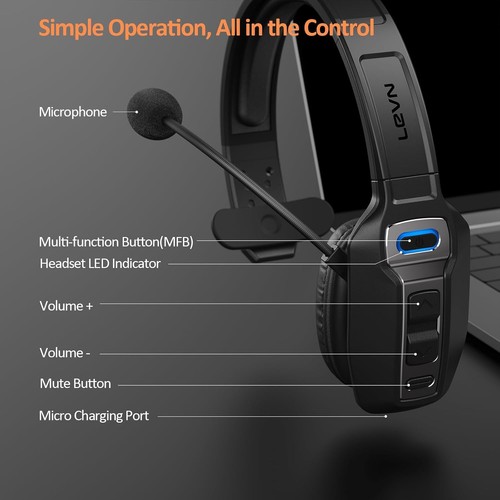 LEVN Bluetooth Headset with Microphone, Trucker Black Tested. Works. - Picture 6 of 7
