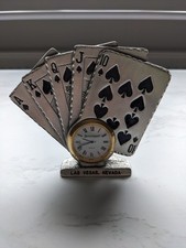 Las Vegas Deck of Cards Royal Flush Silver Tone Miniature Desk Clock. Quartz