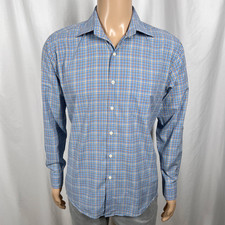 Peter Millar Men's Medium Blue Beige Plaid Cotton Long Sleeve Button-Up Shirt