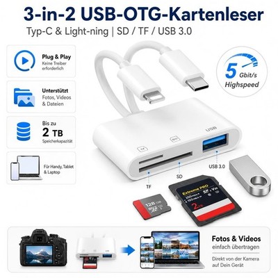 SD Kartenleser für iPhone iPad MFi Light-ning USB C Adapter SD MicroSD USB 3.0