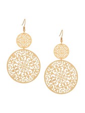 Gold Tone Filigree Round Disc Dangle Drop Earrings, Vintage Fashion Statement Je