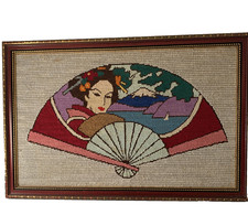 Finished Framed Needlepoint Japanese Fan Geisha Mount Fuji Japan 20x13 1/2
