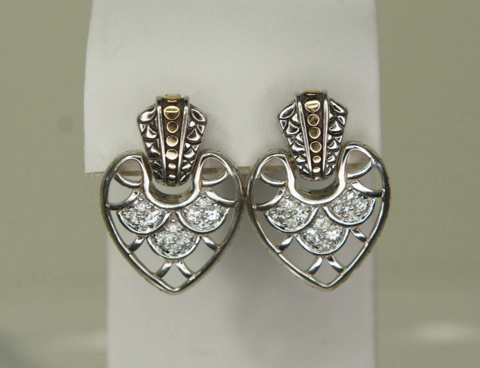 Pendientes John HARDY 925 Plata 750 Oro Punto Corazón Llamador Puerta 12 Zafiro Blanco Foto 2 de 4