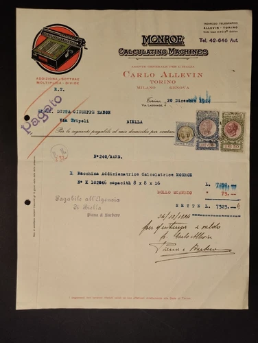 Turin Invoice Carlo Allevin MONROE Calculating Machines 1924 QX3779