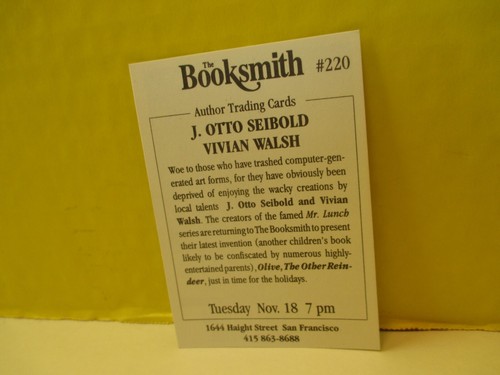 Booksmith Author Trading Card #220 J. OTTO SEIBOLD & VIVIAN WALSH 1997 OLIVE - Picture 2 of 2