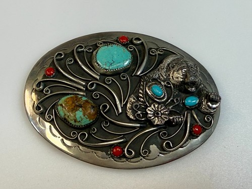 Nativo Americano Indio Navajo Oso Pluma Turquesa Coral Piedra De Colección Hebilla de Cinturón - Imagen 16 de 20