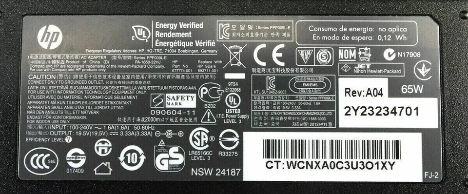 Cargador de computadora portátil HP Big Barrel original adaptador de corriente alterna 65 W 19,5 V 3,33 A 902990 Foto 3 de 4