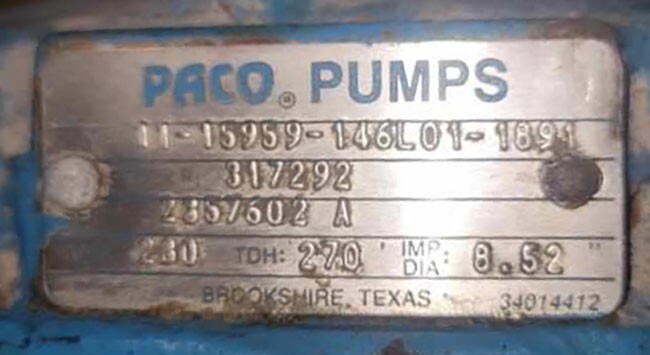 PACO PACO CENTRIFUGAL PUMP 11-30957-1A6L01 750GPM 302TDH 9.33 IMP