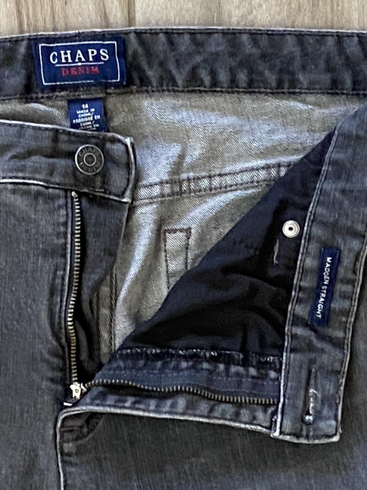 Chaps Denim Madden Straight Jeans Womens Size 14 Gray Stretch Whiskered