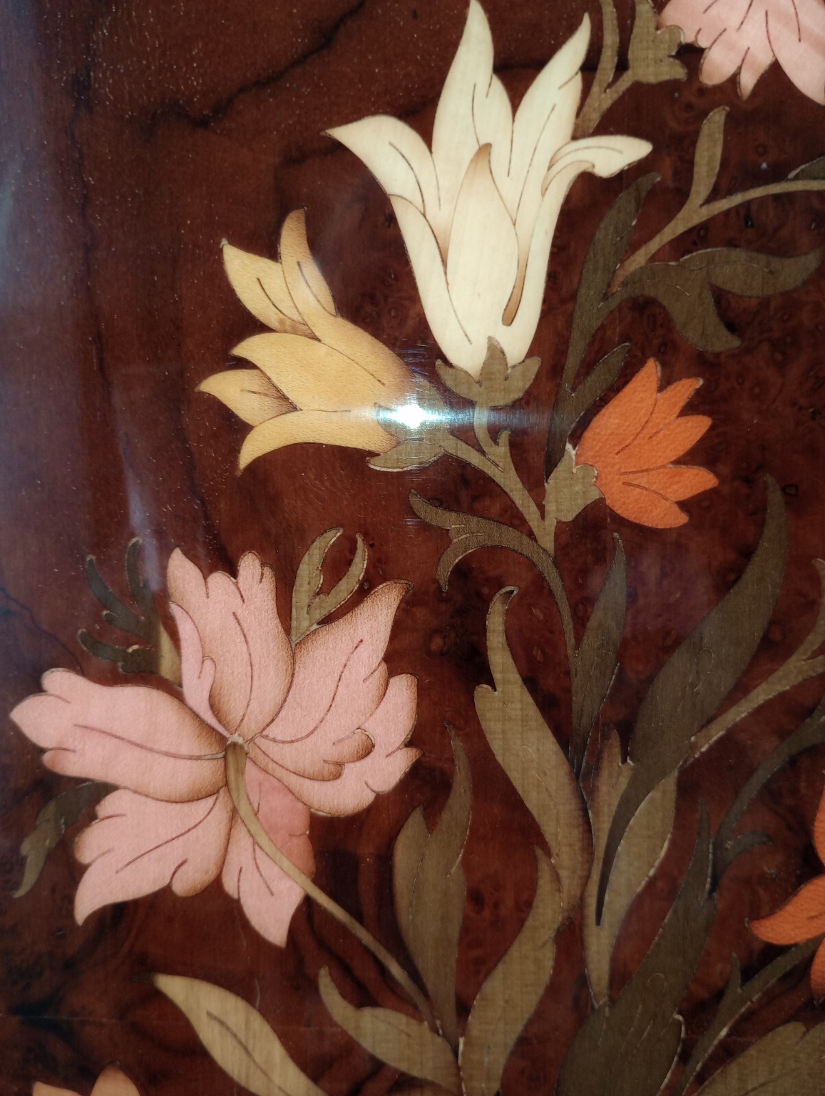 MCM Vintage Marquetry Inlaid Wood Plaque ~ Floral Design 23 In X 11 In
