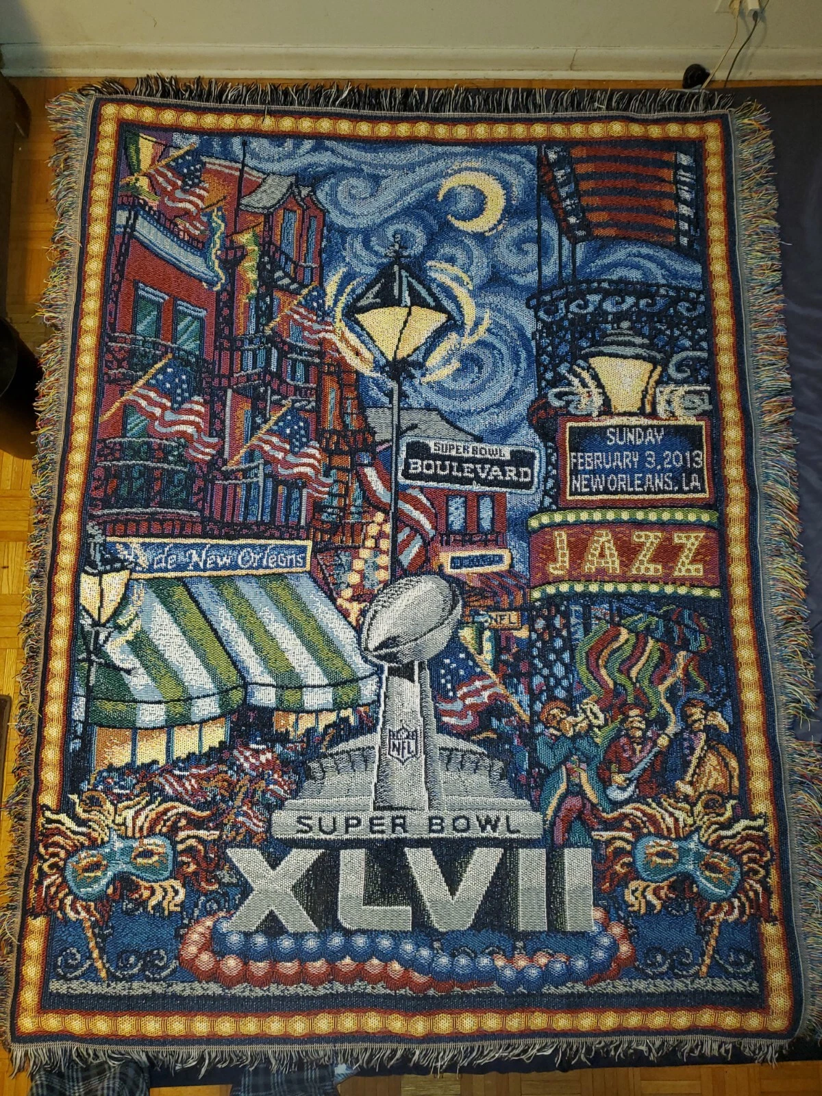 Super Bowl XLVII Multicolor Tapestry Woven Blanket New Orleans 2013 Mardi Gras