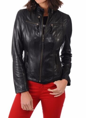 Women's 100% Genuine Lambskin Leather Jacket Slim Fit Biker Black jacket Coat - Picture 1 of 6
