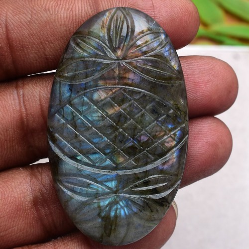 144.00 Cts Natural Labradorite 56mmx33mm Oval Hand Carving Flashy Loose Gemstone - Picture 3 of 6