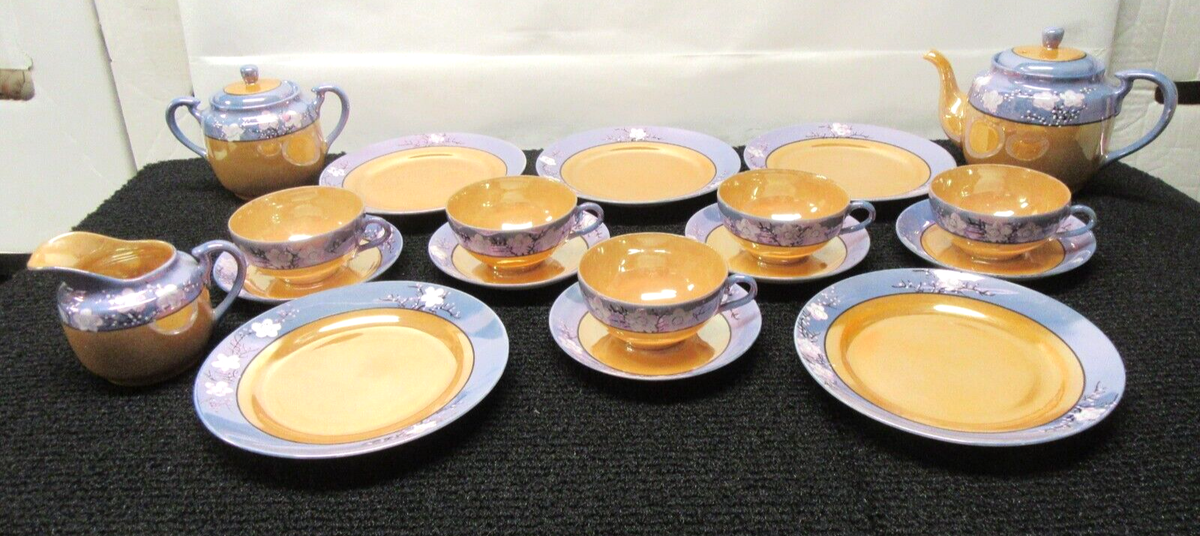 Vtg 20 Pc Takito TT Japan Lusterware Tea Set Peach/Blue/Cherry