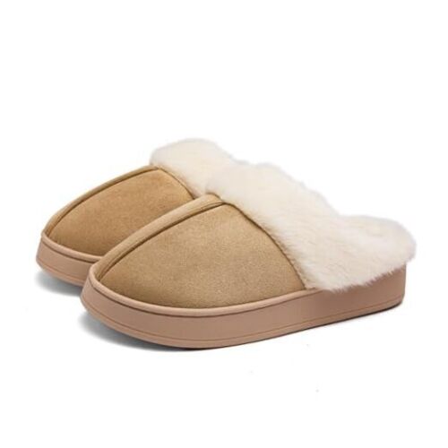 Women's Fuzzy Memory Foam Slippers Comfy Winter Soft Slip On House 11-12 Khaki