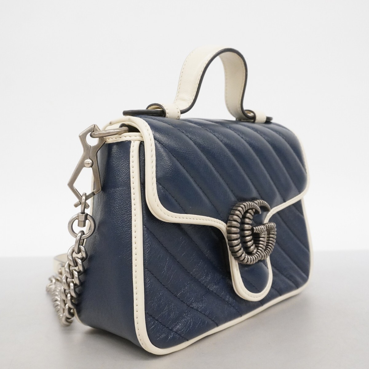 GUCCI Hand Bag GG Marmont 583571 Leather Navy White Silver Hardware 2 Way 324526 thumbnail 2