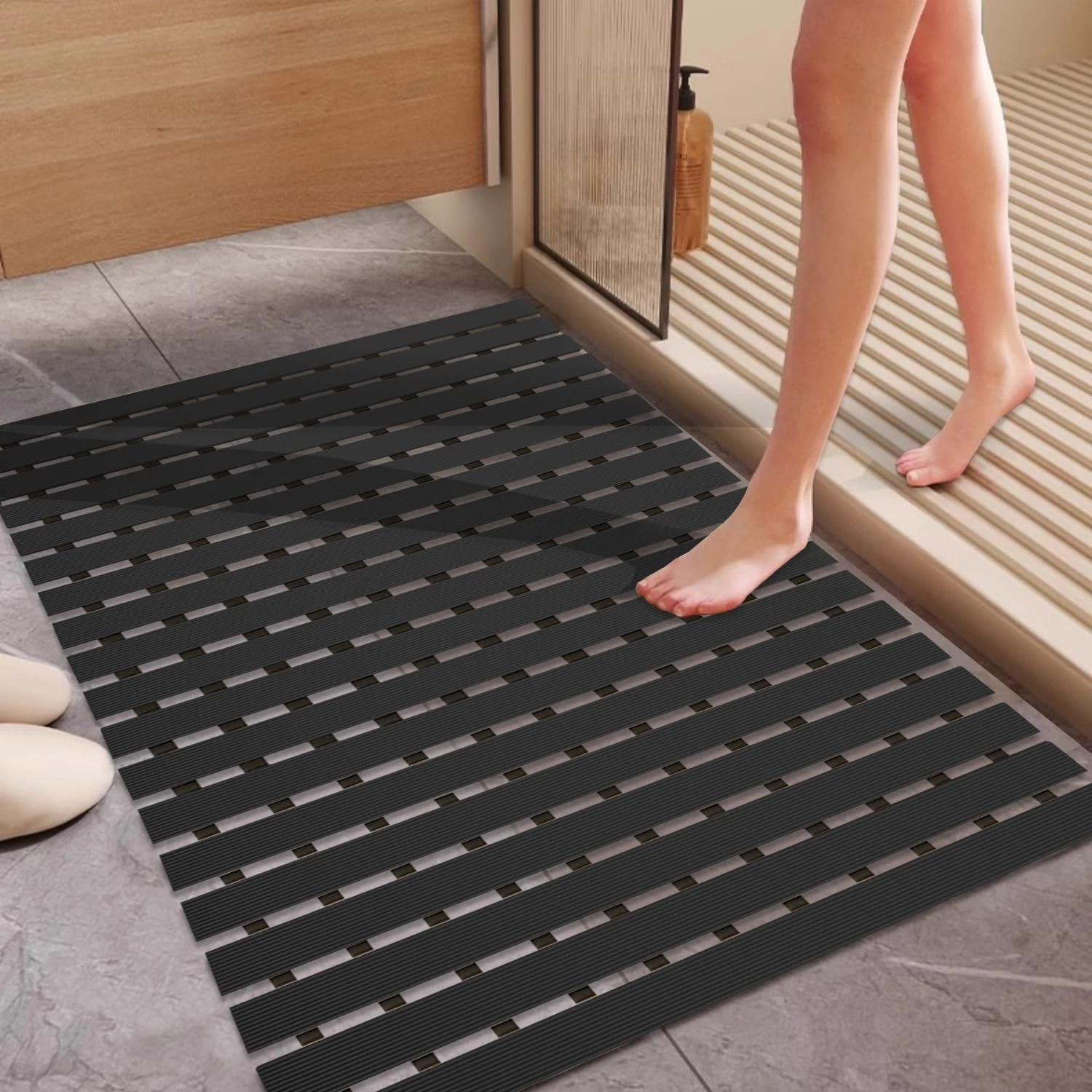 Tiamo Extra Large Shower Mat Non Slip 35.4" x 23.6" (Rectangular), Black