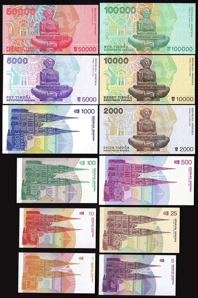 Croatia 12 Pcs SET, 1 to 500 1000 2000 5000 to 100000 D.1991 1993, UNC, Pr.A LOW - Image 2 of 4