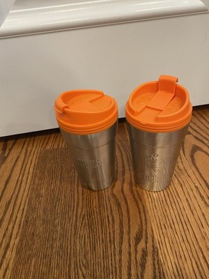 Set Of 2 Dunkin Stainless Steel Coffee Mugs 16oz Orange Lids Gently Used EUC