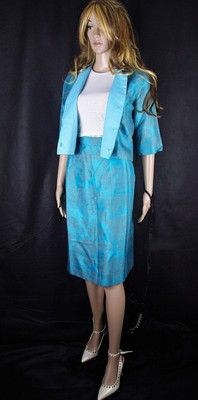 Vtg. 100% Seide Green Silk Skirt Brocade Suit Kostüm Jacke Rock Unbranded  Gr XS