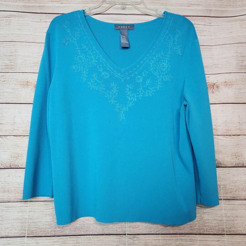 Vintage Koret Women's Teal Cottagecore Embroidered Floral Shirt V-Neck Large