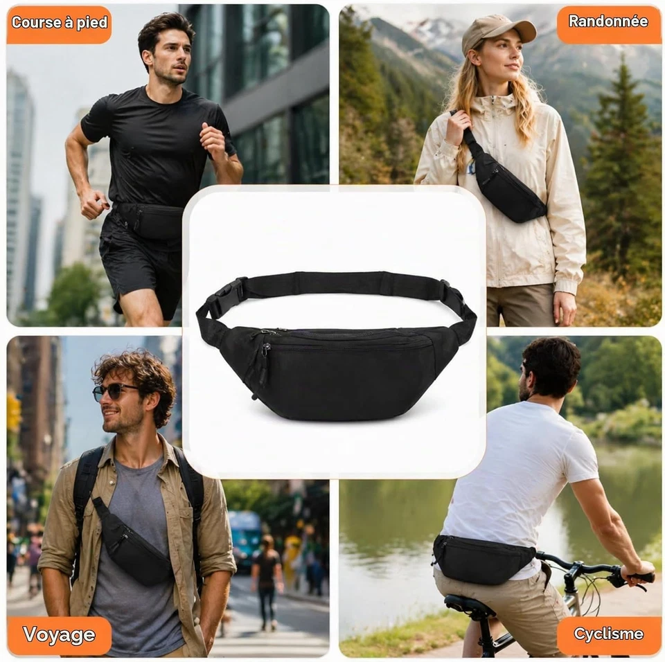 Sac Banane Cuir PU Imperméable Homme Femme 3 Poches Noir pochette voyage - Photo 4/4
