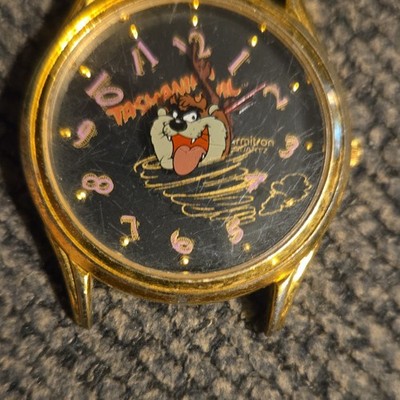 Armitron Looney Tunes Taz 1994 Gold Tone Quartz Wristwatch Black Dial 30m