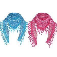 Women Hollow Lace Tassel Floral Print Triangle Mantilla Scarf 2 Pack