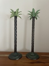 Pair Of Vintage Metal Palm Tree Candlesticks Verdi Gris Palm Tropical Regency