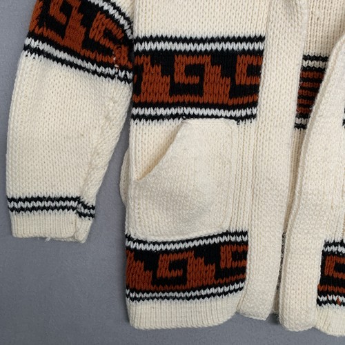 VTG Wool Sweater Womens M? Beige Open Front Native Cowichan Hand Knit 60s Belted - Picture 6 of 12
