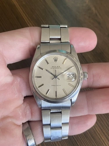 Vintage Rolex OysterDate Precision 6694 Watch Linen Dial & Steel Bracelet