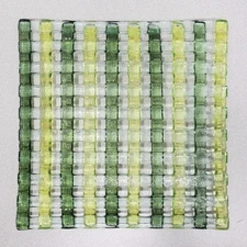 MCM Glass Square Tray 9" Green & Yellow Basket Weave Serving Dinner Plate Dish