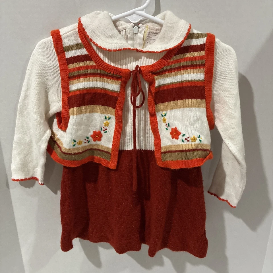 VTG 60s 70s Toddler Knit Dress Set Fall Embroidered Floral Vest Size 2T READ! - Image 2 of 4