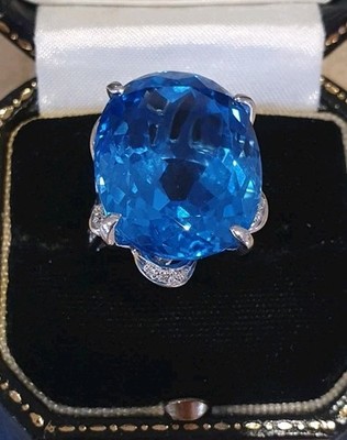 INCREDIBLE HUGE NATURAL BLUE TOPAZ & Diamond Ring Size N  Val $11179