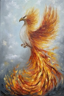 油絵 絵画 【フェニックス】 Original Art Phoenix Oil Painting Firebird on Canvas Artwork Fiery