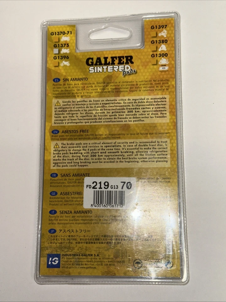 Galfer - FD219G1370 - Pastillas de freno sinterizadas HH - Delanteras - Dorado - ZX4 ZX6 Harley Foto 4 de 4