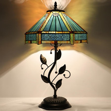 Tiffany Mission Stained Glass Table Lamp Metal Leaf Base Reading Light 12x19"