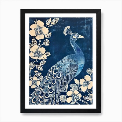 Marineblau & Creme Pfau mit Tropfen gerahmtes Wandbild Poster Leinwanddruck Bild