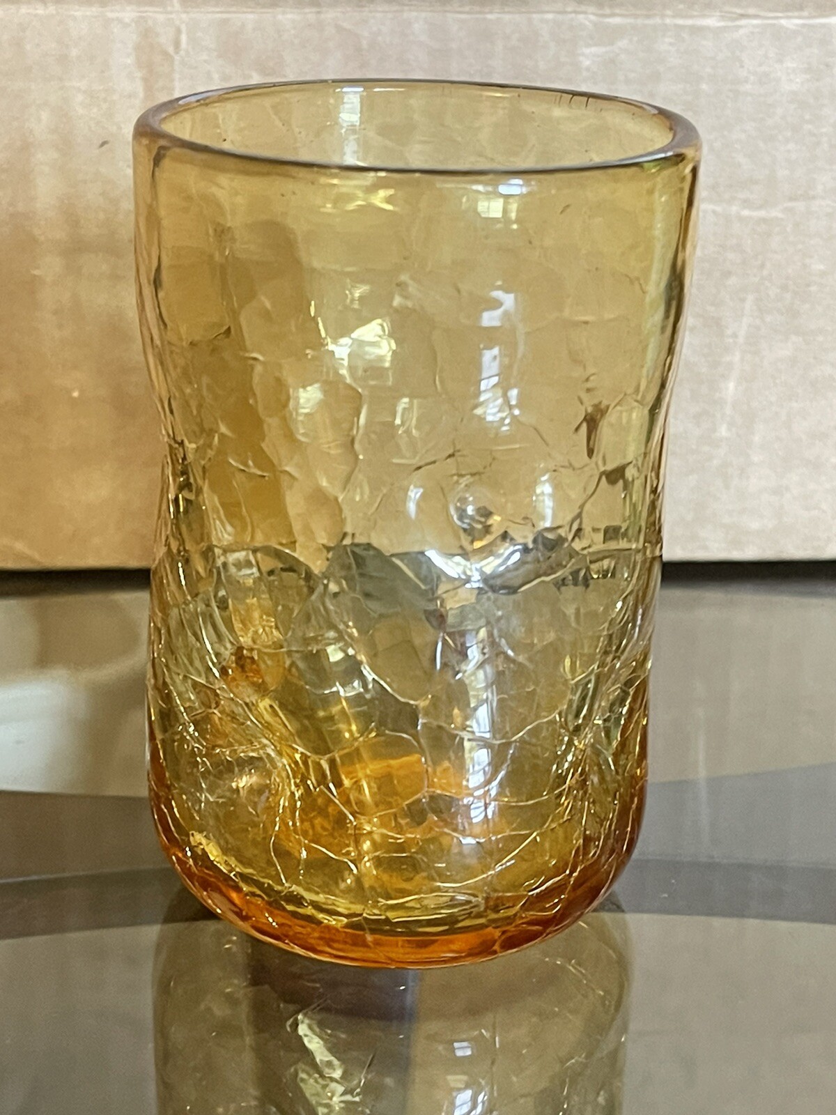 Set of 6 Blenko Amber Crackle Glass Pinched / Dimpled Tumblers Hand