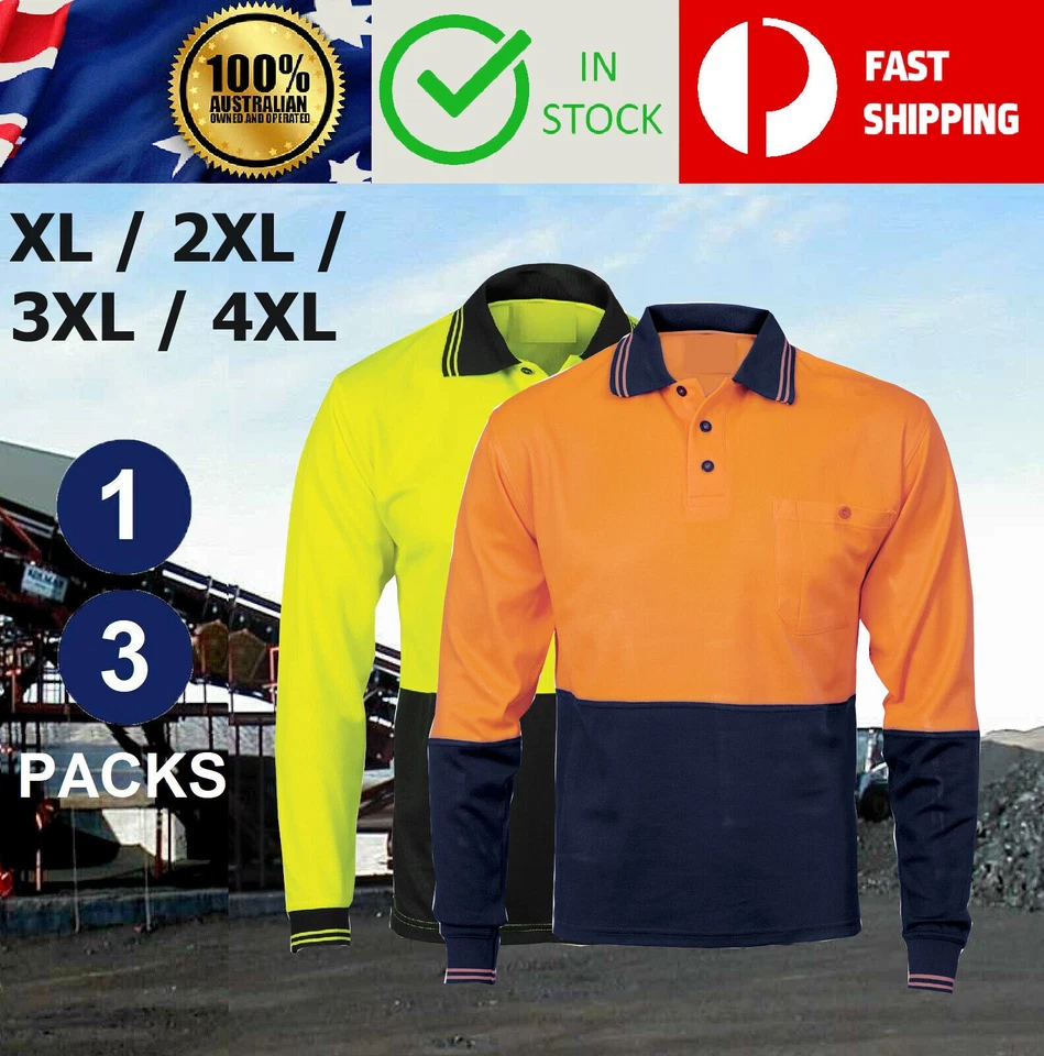 POLOLSP Hi Vis Viz Safety Polyester Work Wear Long Sleeve Polo Shirt T-Shirt MEX