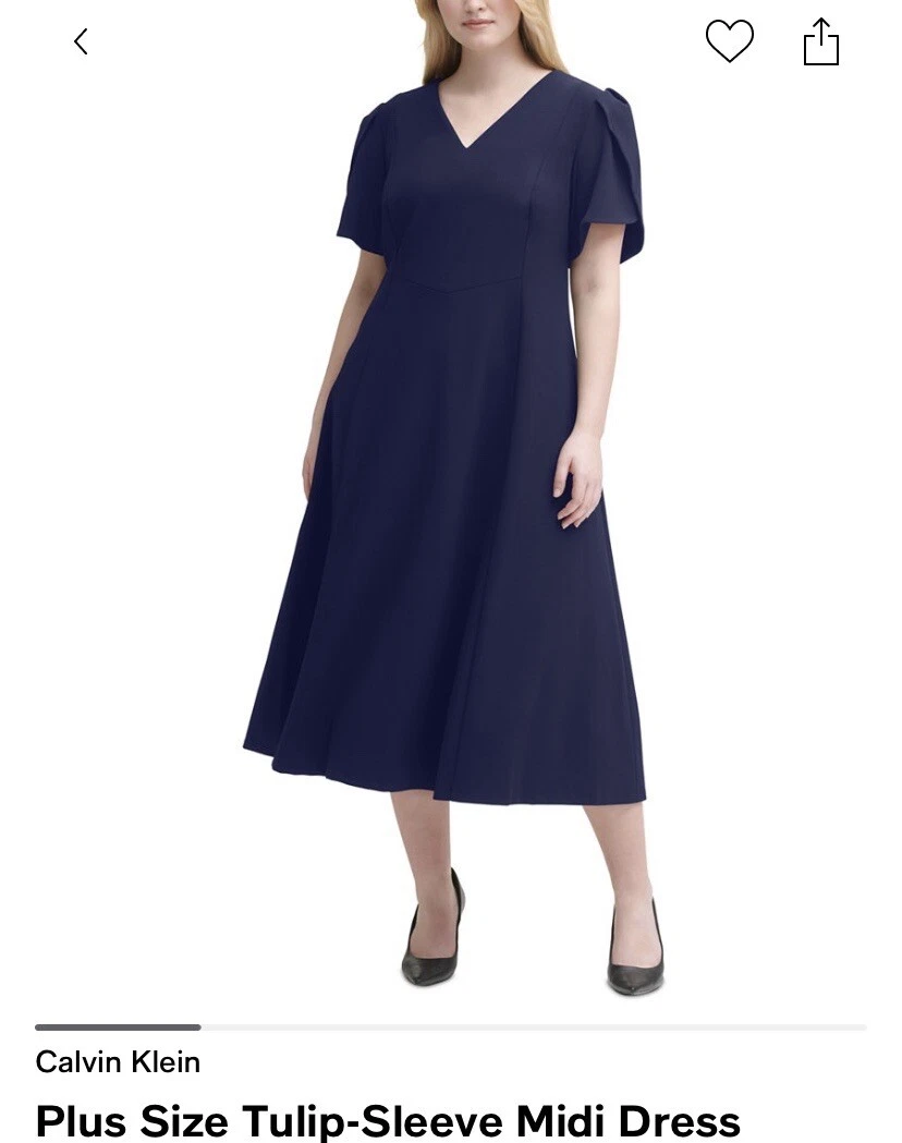 Calvin Klein Plus Size Tulip-Sleeve Midi Dress Indigo Color BlueW14 Brand  New