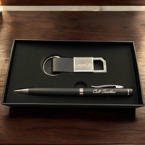 Juego de llaveros personalizados bolígrafo personalizado cuero negro regalo - Imagen 9 de 10
