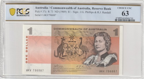 Australia 1969 1 Dollar PCGS Certified Banknote UNC 63 Pick 37c R73