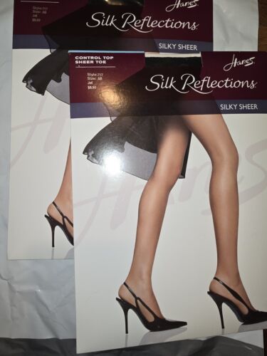 Hanes Silk Reflections Jet Black Pantyhose Size AB Style 717 Control Top 2 Pair - Picture 1 of 3